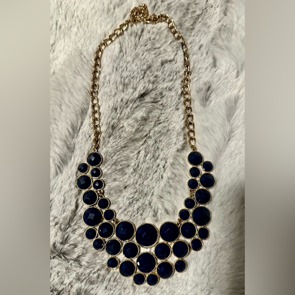 Navy blue and gold circle statement necklace - 10”